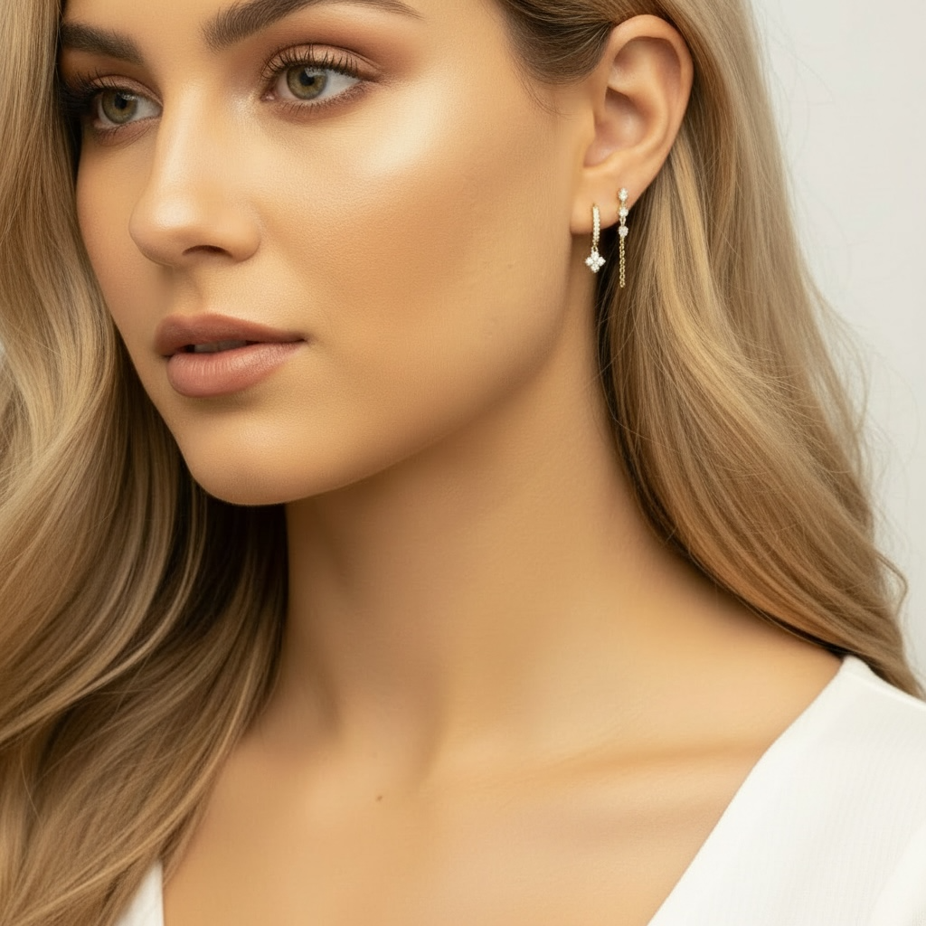 Gold flower hoop earrings set with crystal stones on a model, stylish dangling design