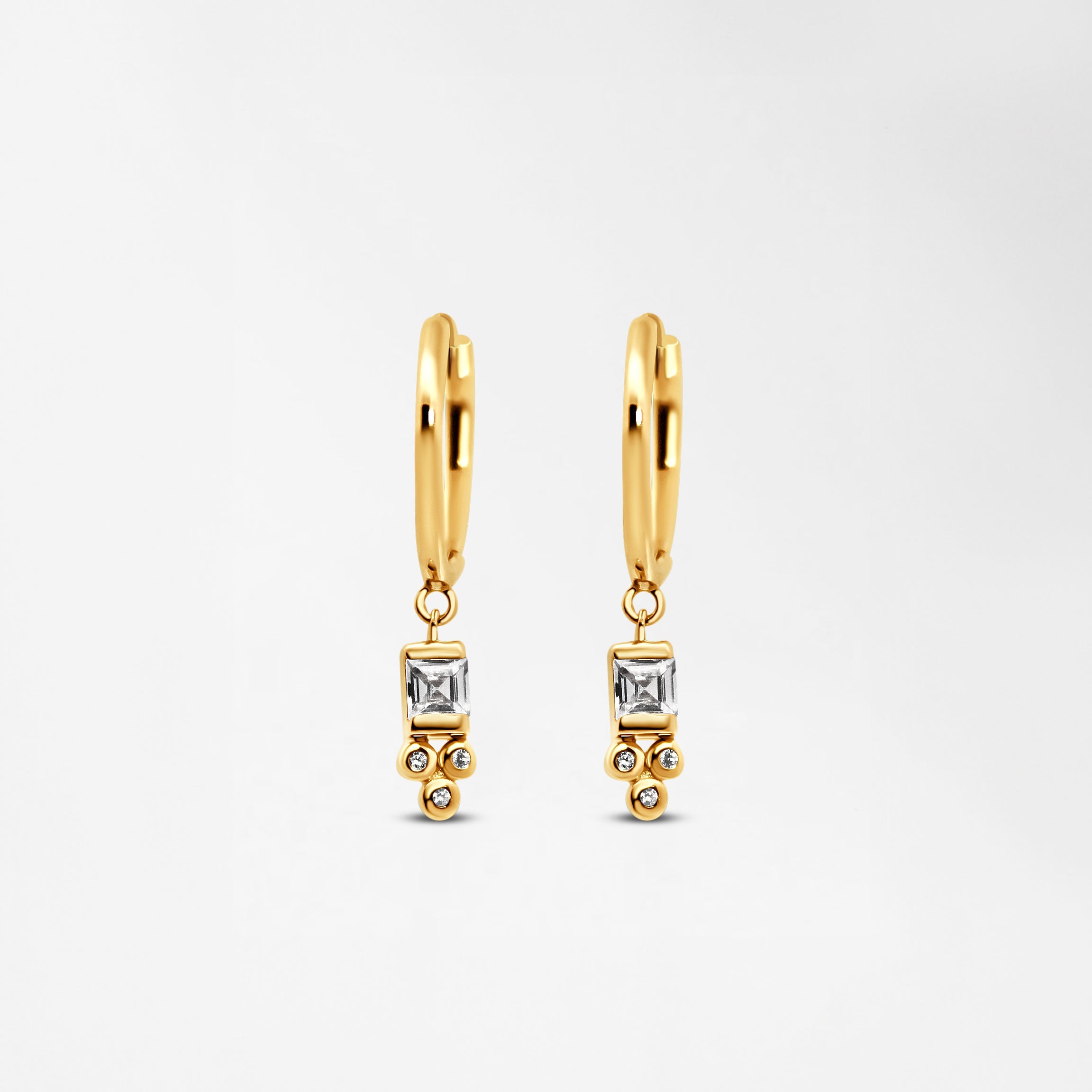 Gold hoop earrings with clear crystal and diamond accents, hinged design