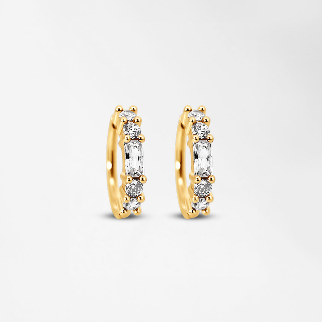 Gold hoop earrings with clear cubic zirconia stones, three-stone cluster