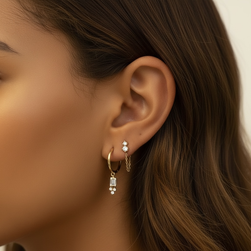 Gold hoop earrings with square clear crystal drop and dangling chain detail