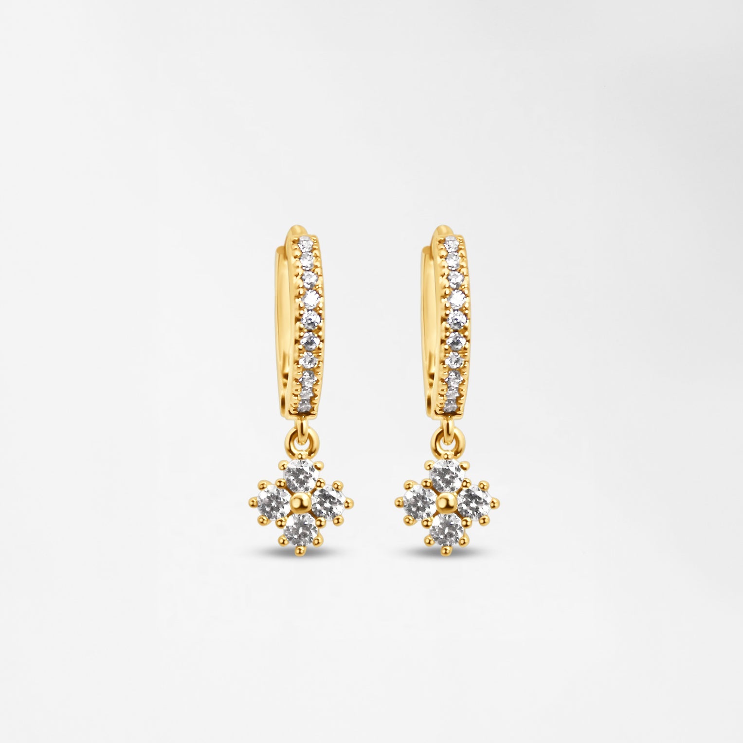 Gold hoop earrings with sparkling cubic zirconia and floral drop charm
